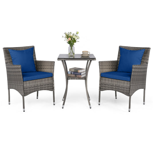 3 Pieces Patio Wicker Bistro Set 2 Rattan Chairs with Double-Tier Tempered Glass Table-Navy