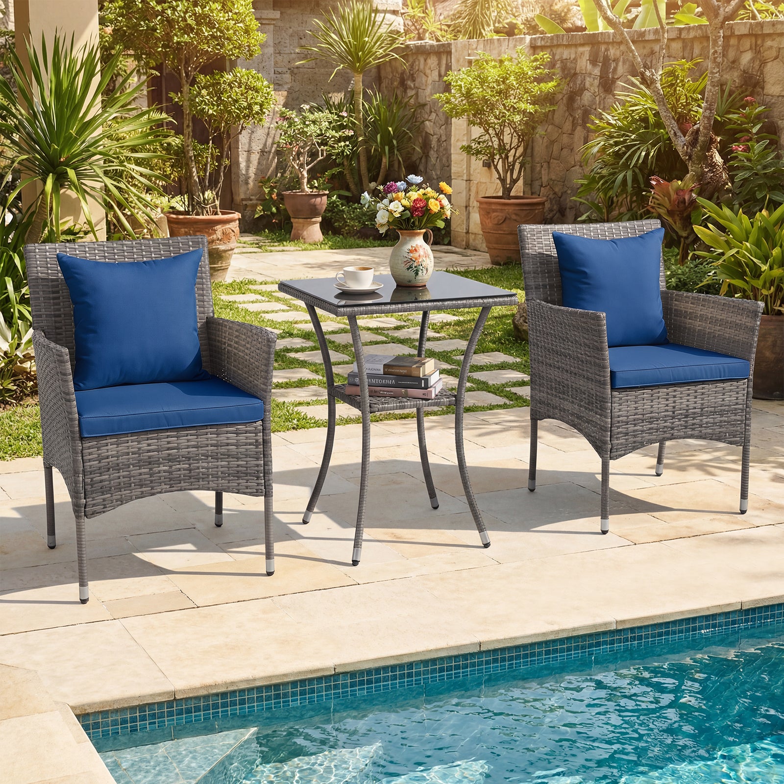 3 Pieces Patio Wicker Bistro Set 2 Rattan Chairs with Double-Tier Tempered Glass Table-Navy