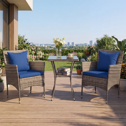3 Pieces Patio Wicker Bistro Set 2 Rattan Chairs with Double-Tier Tempered Glass Table-Navy