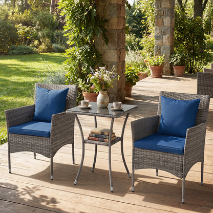 3 Pieces Patio Wicker Bistro Set 2 Rattan Chairs with Double-Tier Tempered Glass Table-Navy