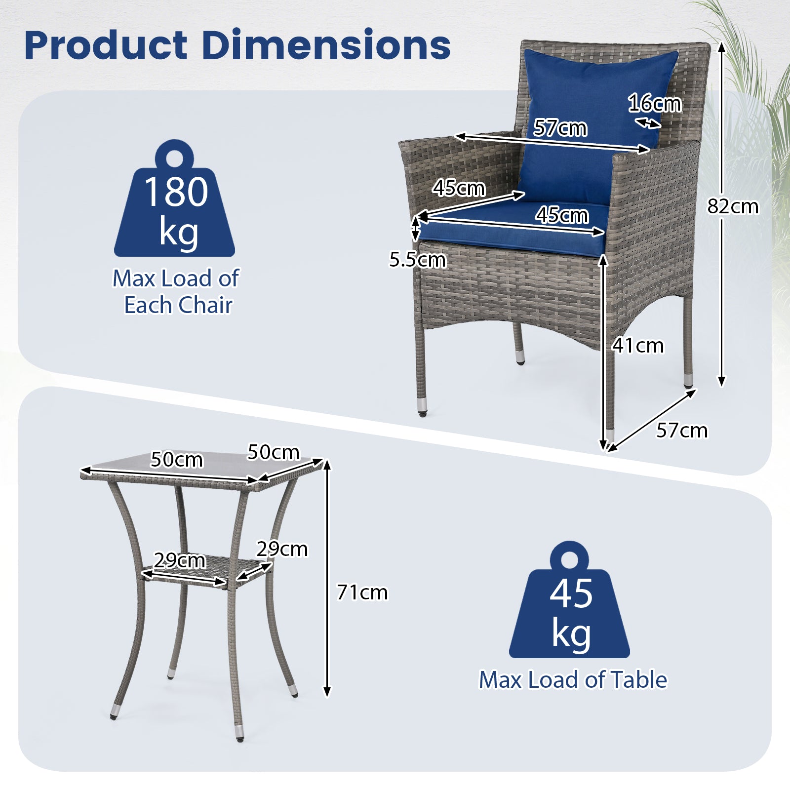 3 Pieces Patio Wicker Bistro Set 2 Rattan Chairs with Double-Tier Tempered Glass Table-Navy