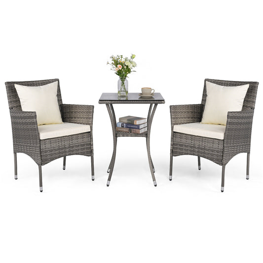 3 Pieces Patio Wicker Bistro Set 2 Rattan Chairs with Double-Tier Tempered Glass Table-Off White