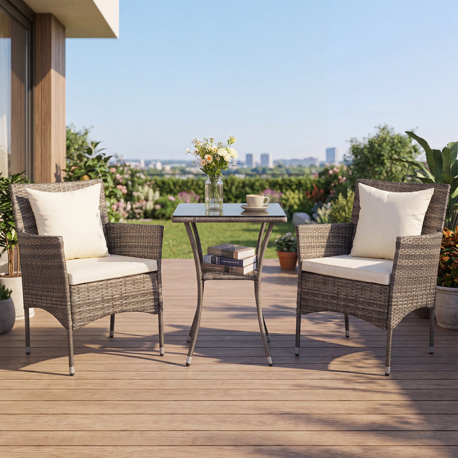 3 Pieces Patio Wicker Bistro Set 2 Rattan Chairs with Double-Tier Tempered Glass Table-Off White
