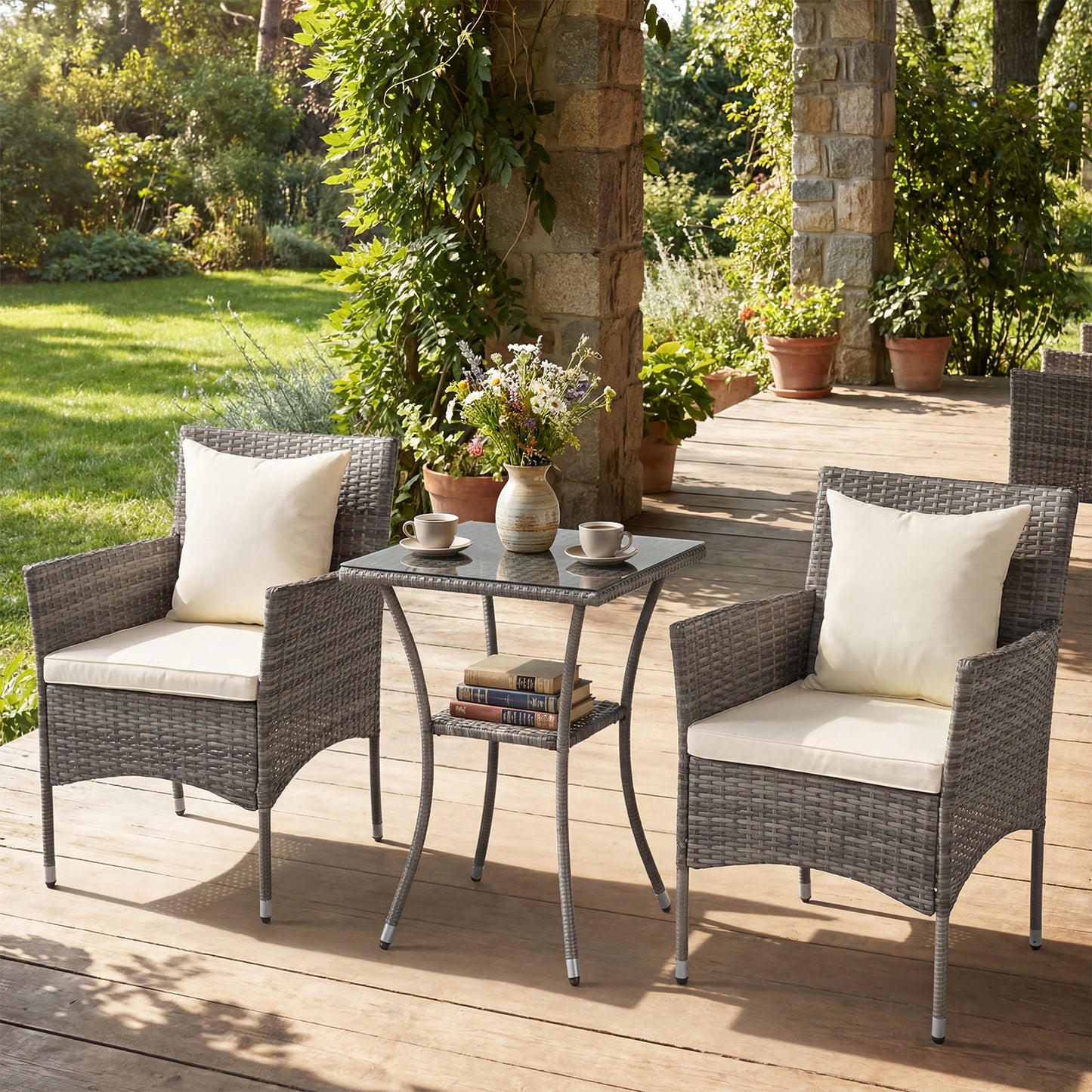3 Pieces Patio Wicker Bistro Set 2 Rattan Chairs with Double-Tier Tempered Glass Table-Off White