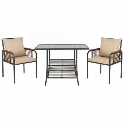 3 Pieces Patio Wicker Bistro Set with Cushions and Rattan Chairs for Balcony-Brown