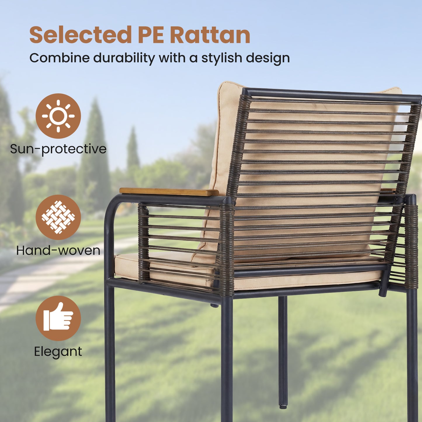 3 Pieces Patio Wicker Bistro Set with Cushions and Rattan Chairs for Balcony-Brown
