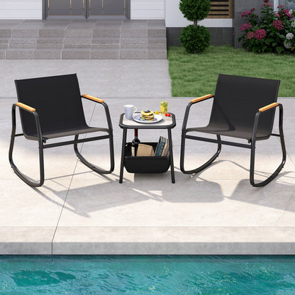 3 Pieces Rocking Bistro Set with Storage Bag and PS Armrests-Black