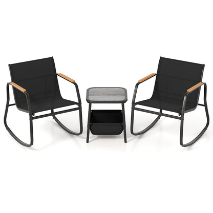 3 Pieces Rocking Bistro Set with Storage Bag and PS Armrests-Black