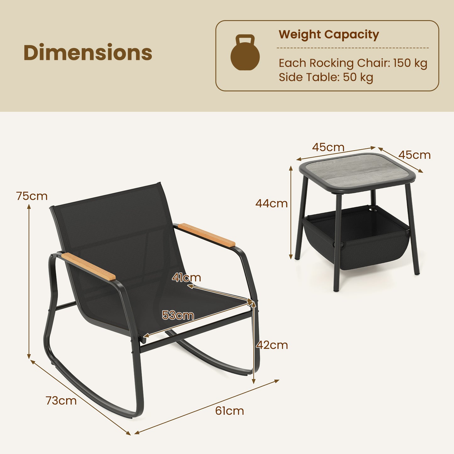 3 Pieces Rocking Bistro Set with Storage Bag and PS Armrests-Black