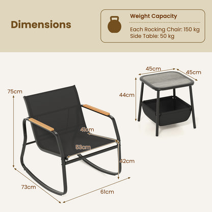 3 Pieces Rocking Bistro Set with Storage Bag and PS Armrests-Black