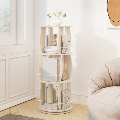 3-Tier 360° Spinning Bookshelf Tower with Display Stands for Small Spaces-White Oak