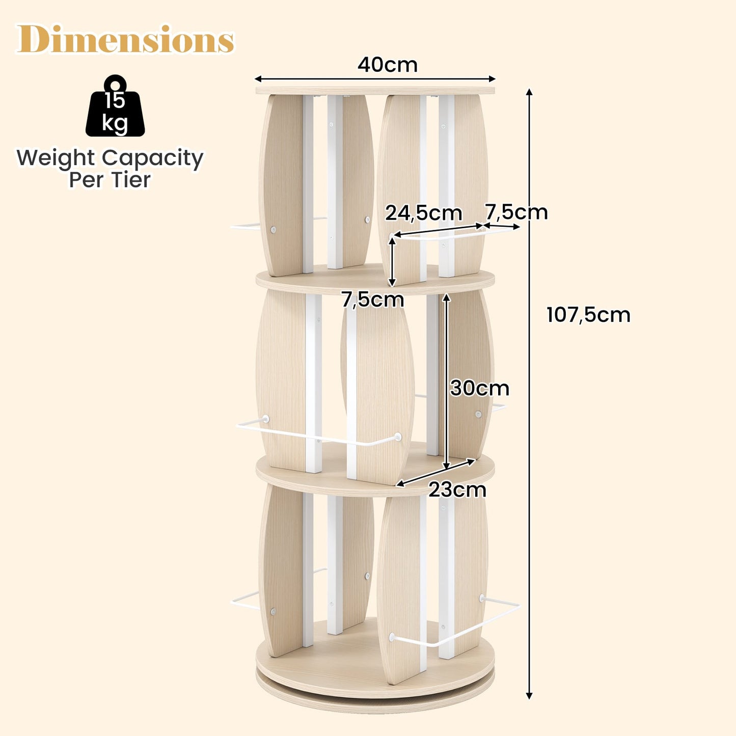3-Tier 360° Spinning Bookshelf Tower with Display Stands for Small Spaces-White Oak