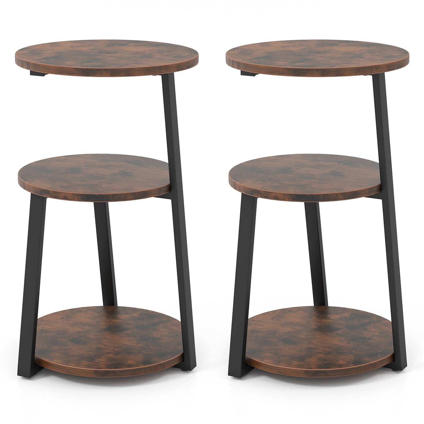 3-Tier Accent Round End Table with Metal Frame and Adjustable Foot Pads-2 Pack
