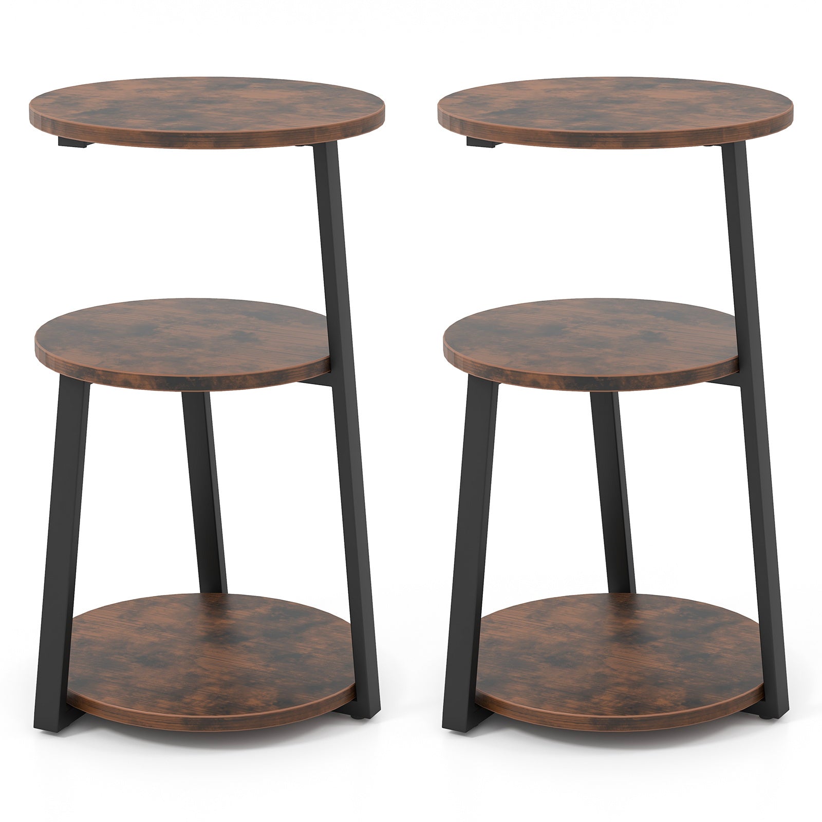 3-Tier Accent Round End Table with Metal Frame and Adjustable Foot Pads-2 Pack