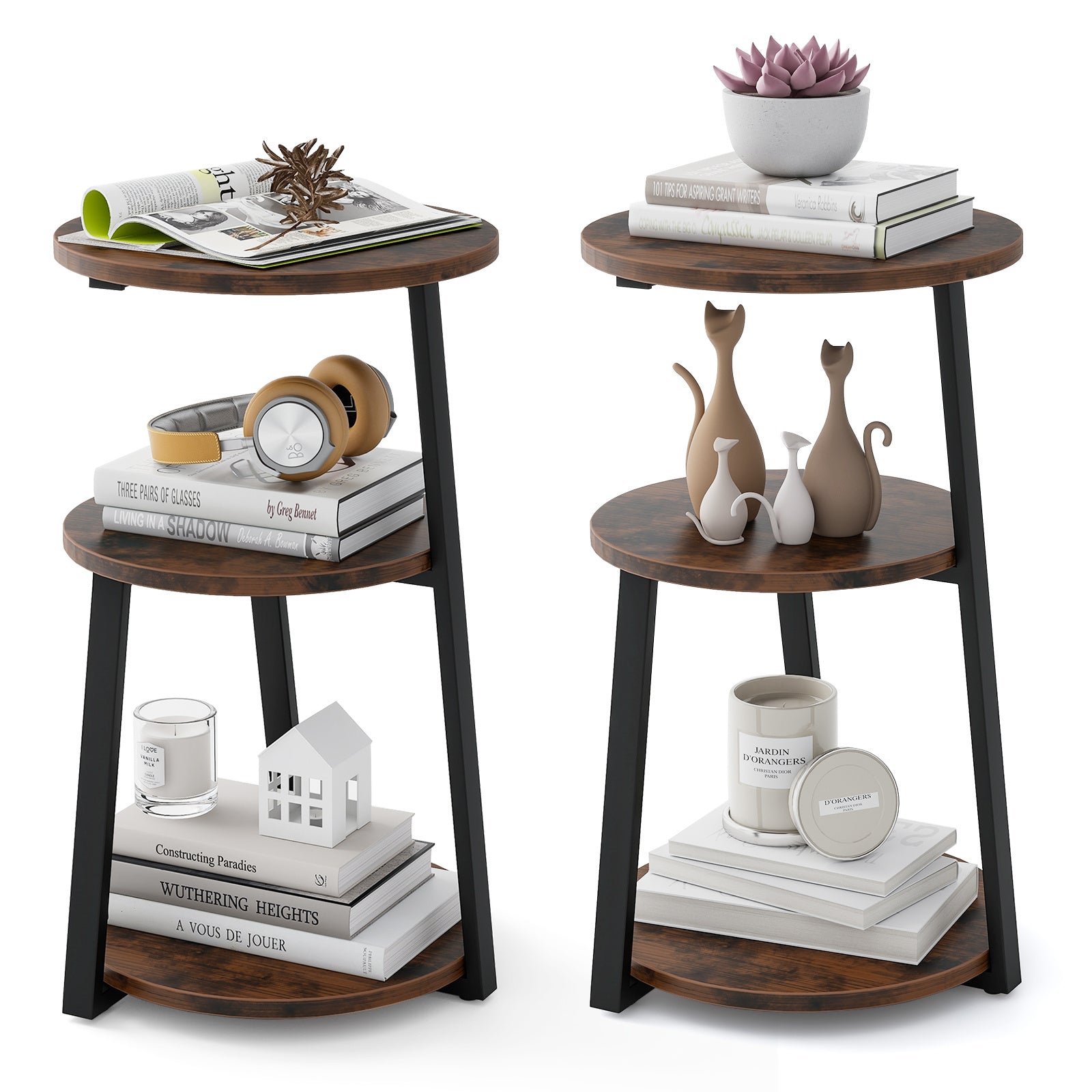 3-Tier Accent Round End Table with Metal Frame and Adjustable Foot Pads-2 Pack