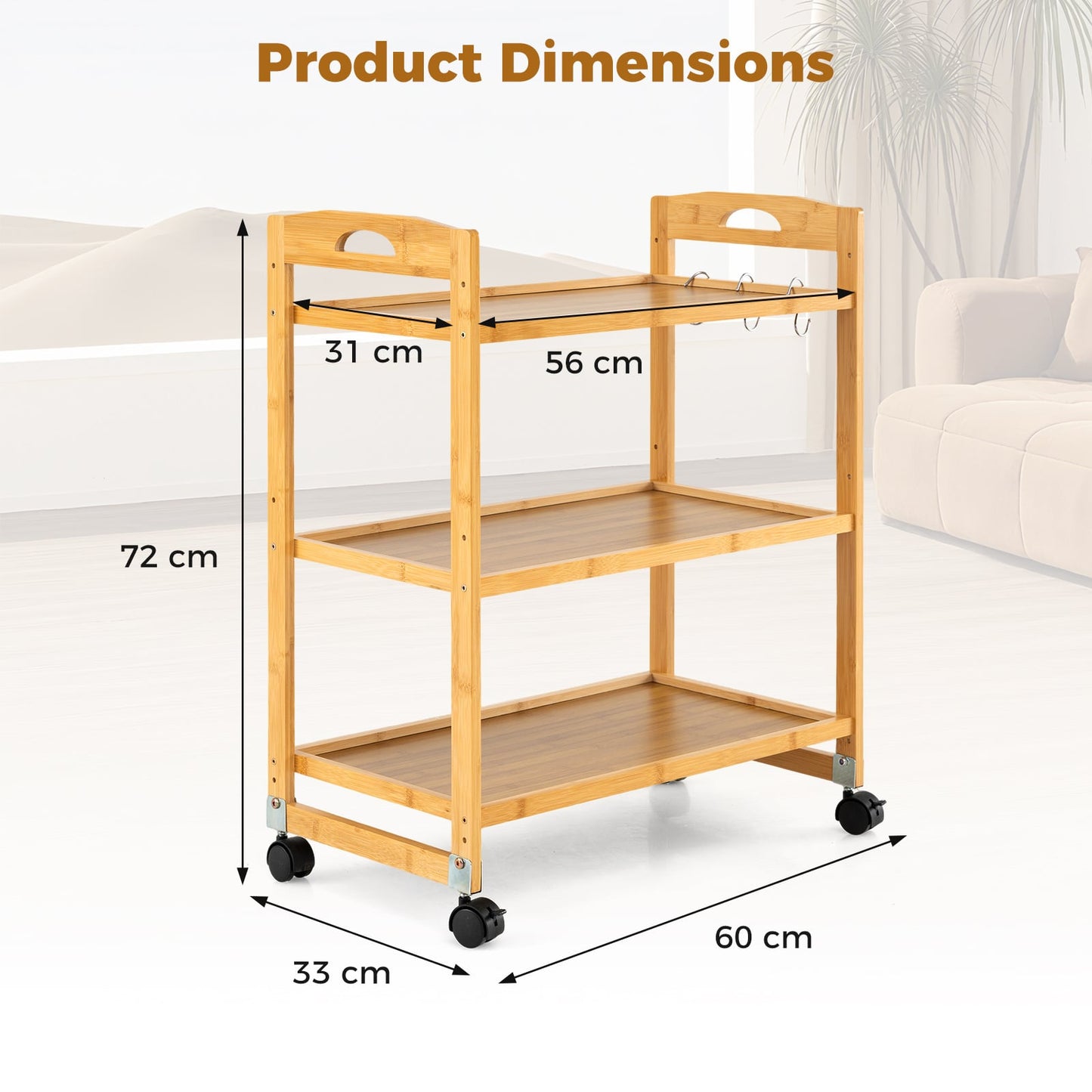 3-Tier Bamboo Rolling Cart with 2 Lockable Wheels and 3 Hooks for Kitchen-Natural