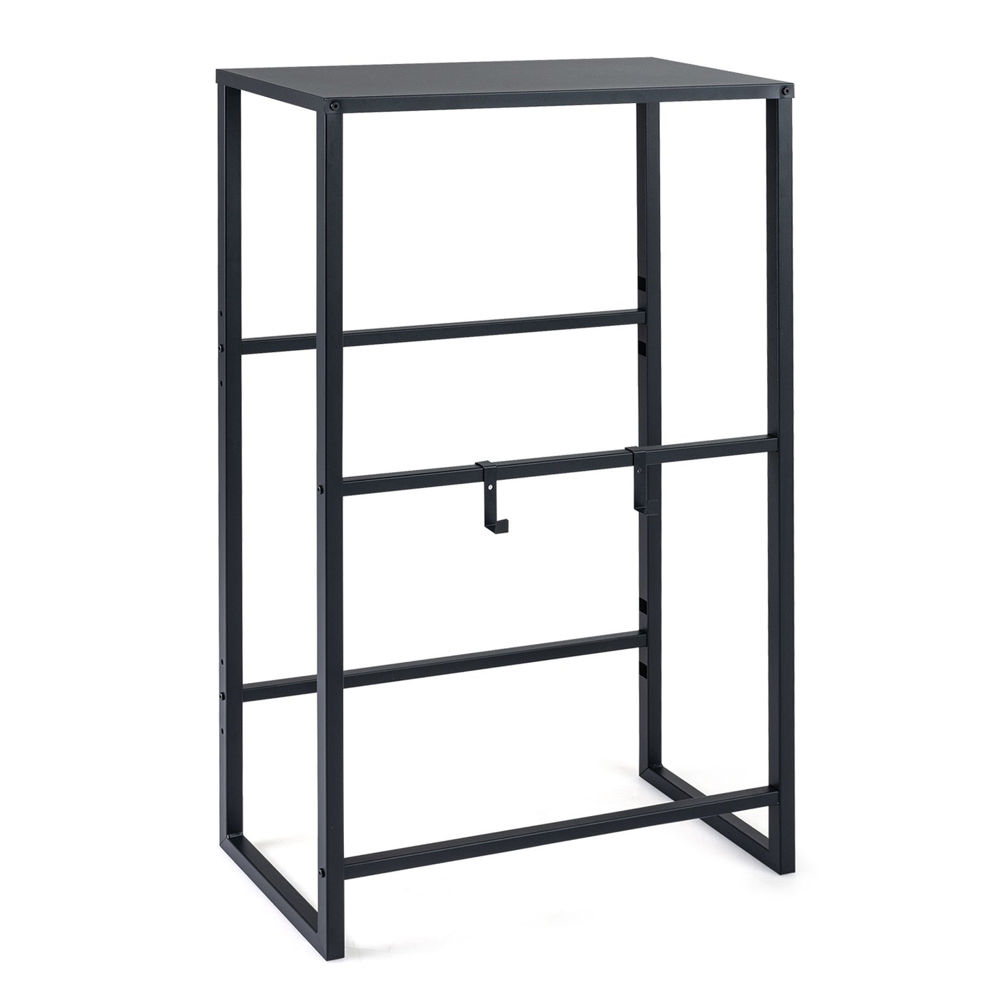3-Tier Drink Crate Rack with Shelf and 2 Hanging Hooks-Black