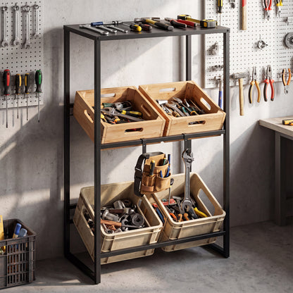 3-Tier Drink Crate Rack with Shelf and 2 Hanging Hooks-Black