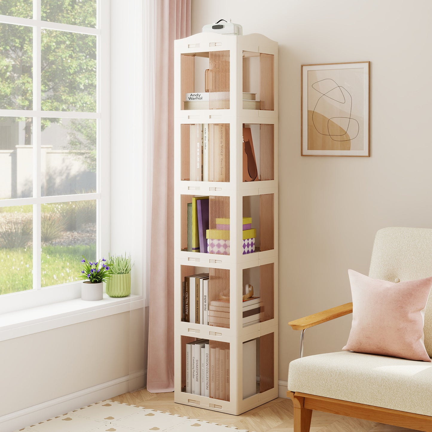 3-Tier Foldable 360° Rotating Bookshelf with Swivel Base-White
