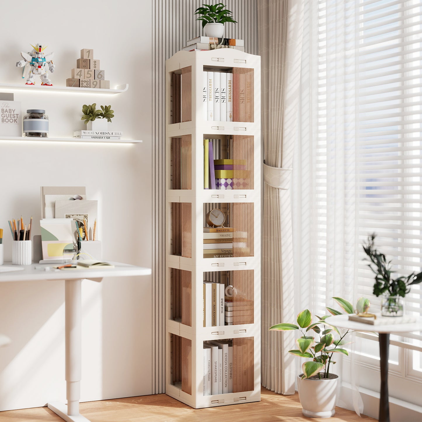3-Tier Foldable 360° Rotating Bookshelf with Swivel Base-White