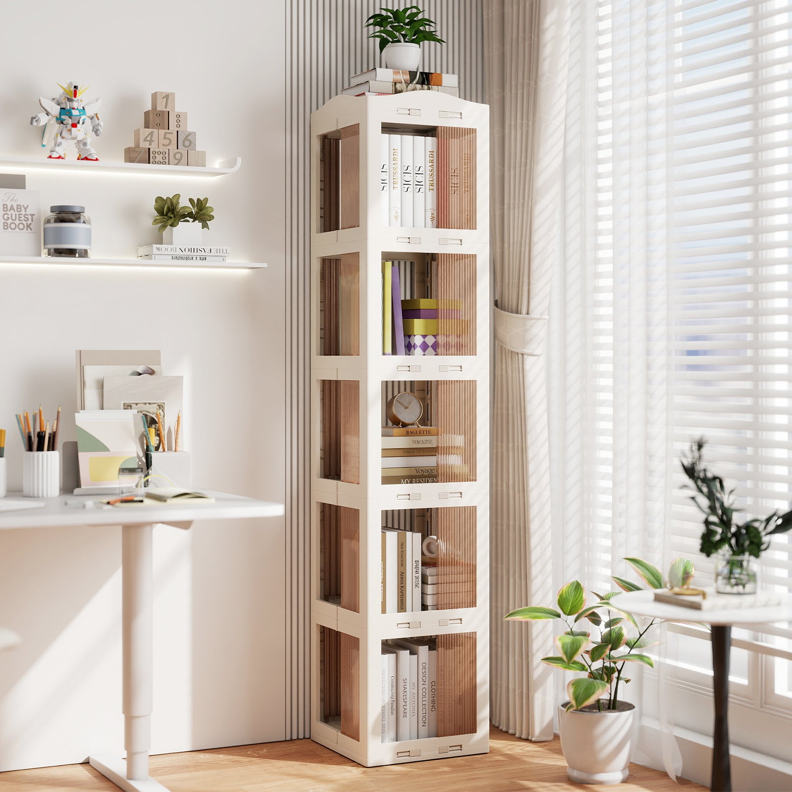 3-Tier Foldable 360° Rotating Bookshelf with Swivel Base-White