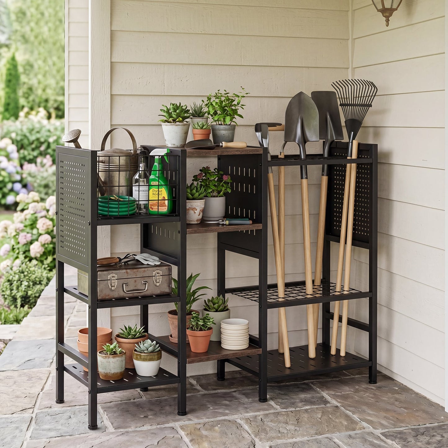 3-Tier Garden Tool Organizer with Wooden Shelves and Tool Storage Holds up to 66 Long Handled Shovels-Black