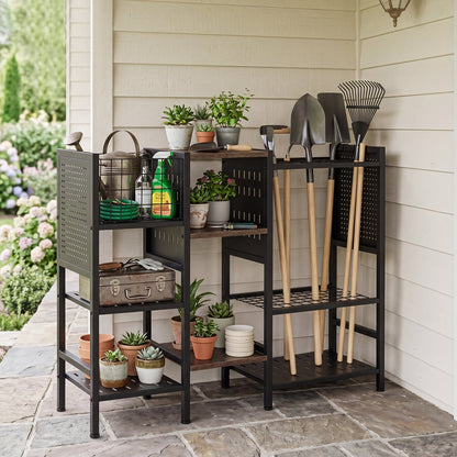 3-Tier Garden Tool Organizer with Wooden Shelves and Tool Storage Holds up to 66 Long Handled Shovels-Black