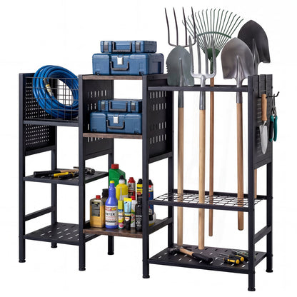 3-Tier Garden Tool Organizer with Wooden Shelves and Tool Storage Holds up to 66 Long Handled Shovels-Black