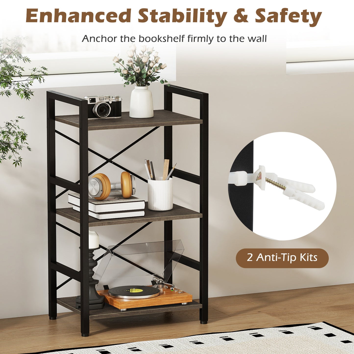 3-Tier Industrial Bookshelf with Metal Frame for Home Office-Oak
