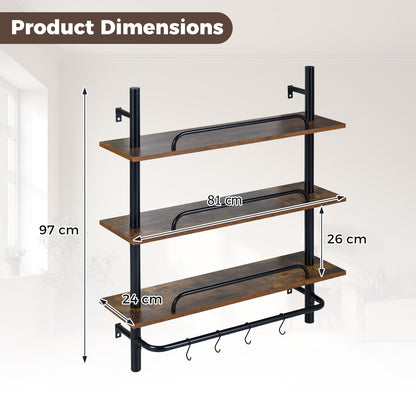 3-Tier Industrial Floating Shelves for Wall with LED Light and Remote APP Control-Black