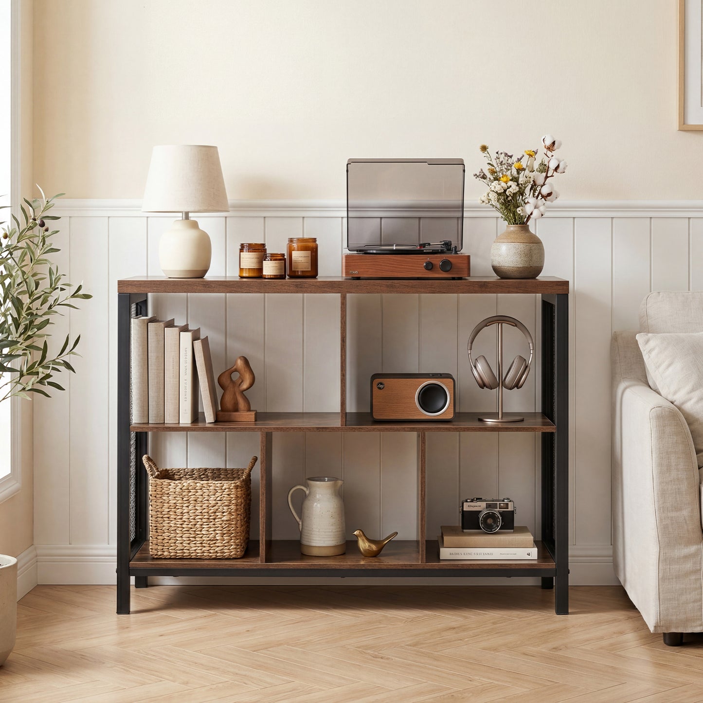 3-Tier Industrial Storage Organizer with 5 Cubes and Metal Frame-Rustic Brown