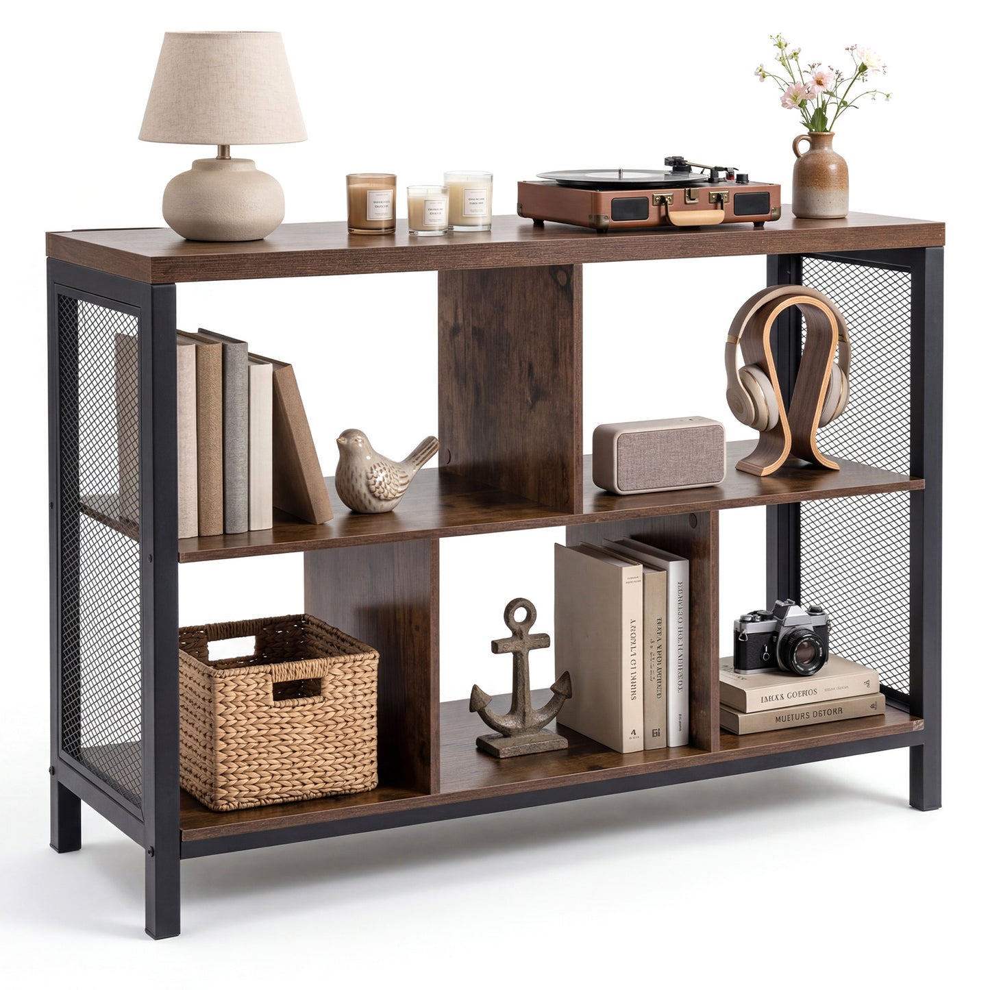 3-Tier Industrial Storage Organizer with 5 Cubes and Metal Frame-Rustic Brown