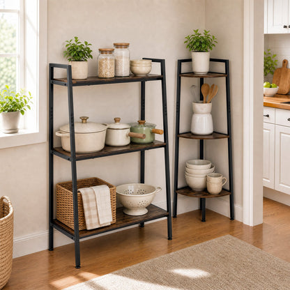 3-Tier Ladder Shelf & Corner Stand w/Metal Frame for Living Room Kitchen-Rustic Brown