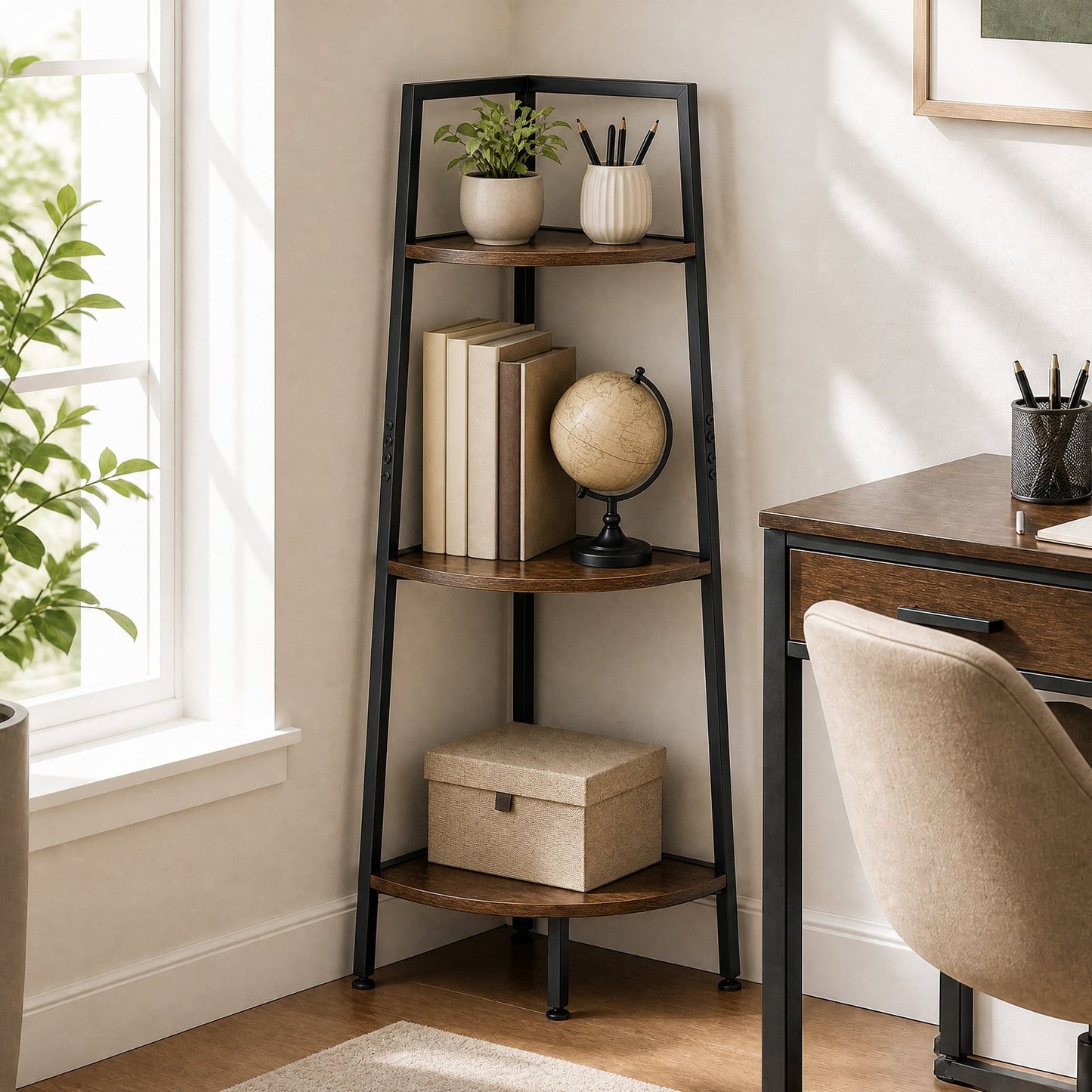 3-Tier Ladder Shelf & Corner Stand w/Metal Frame for Living Room Kitchen-Rustic Brown