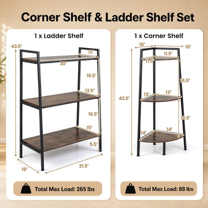 3-Tier Ladder Shelf & Corner Stand w/Metal Frame for Living Room Kitchen-Rustic Brown