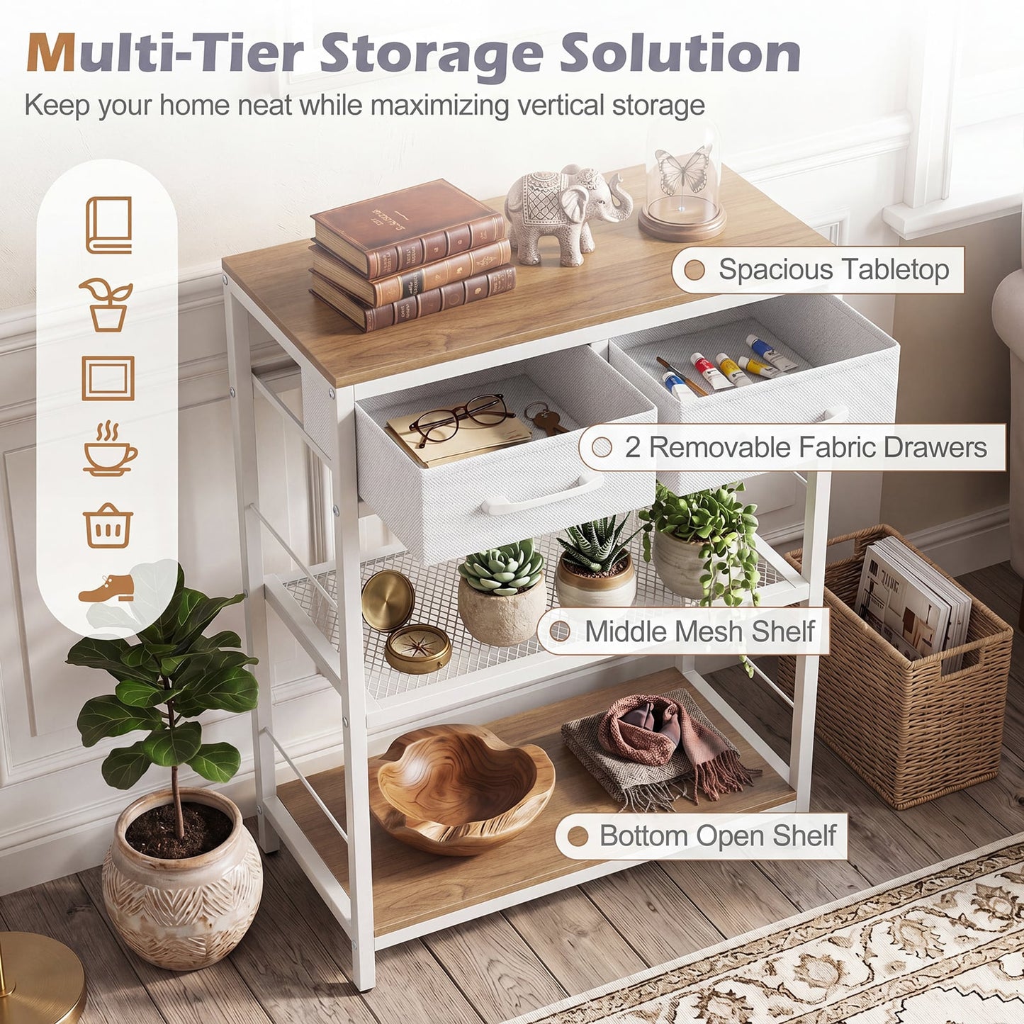 3-Tier Narrow Console Table with 2 Fabric Drawers and Open Shelves-Natrual