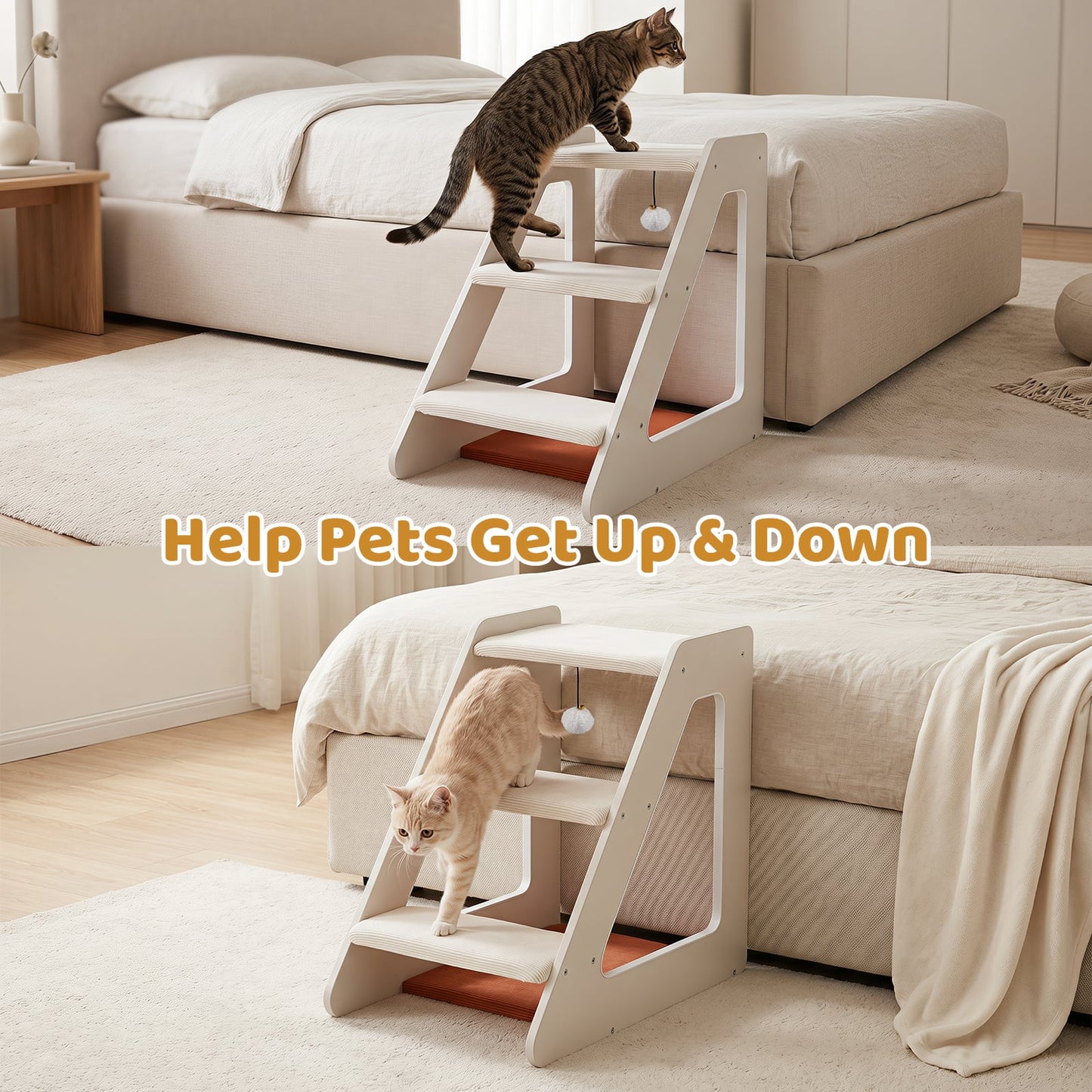 3-Tier Pet Steps for Dogs & Cats w/ Non-Slip Corduroy Surface for Access to Sofa-White