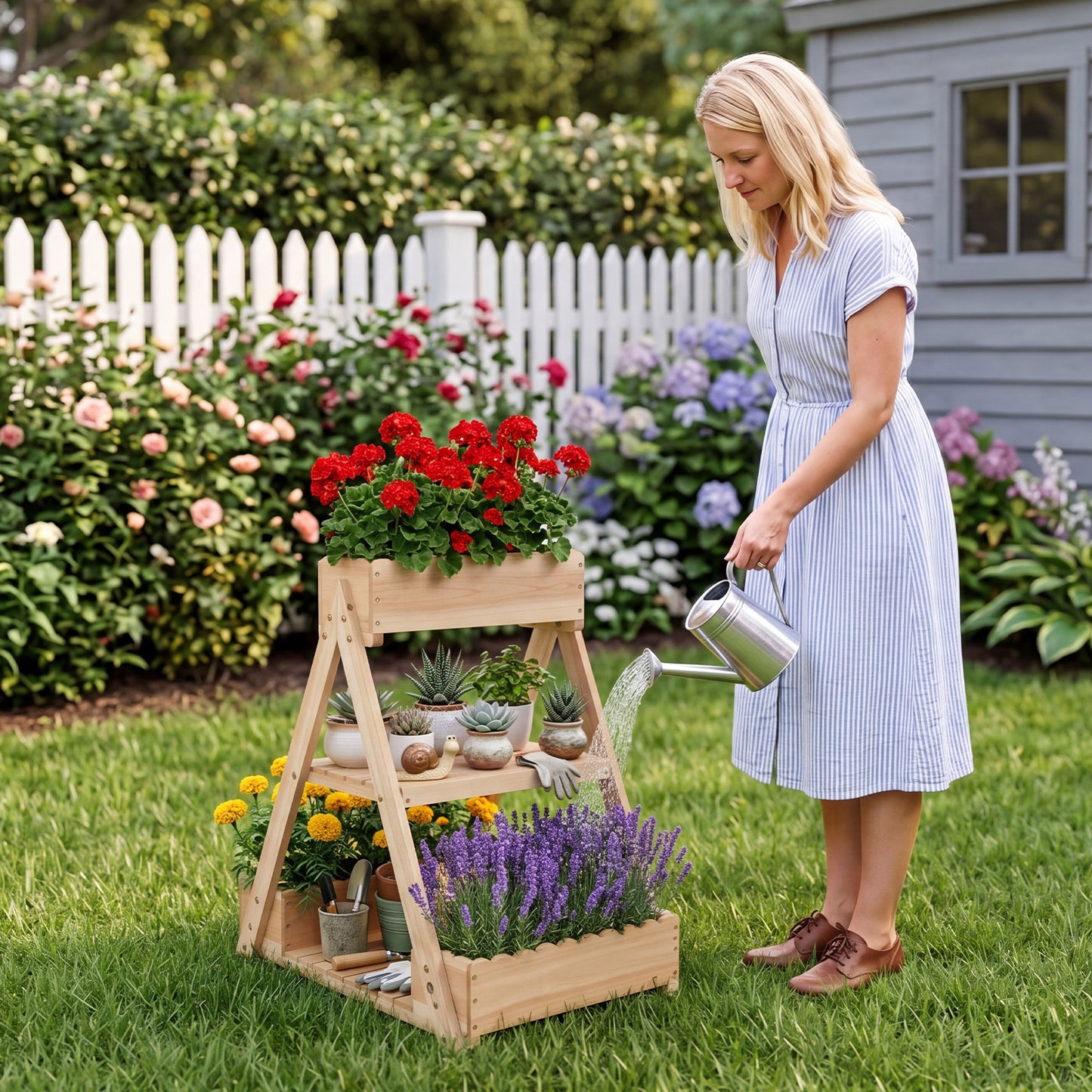 3-Tier Raised Garden Bed with 3 Planter Boxes and 2 Storage Shelves-Natural