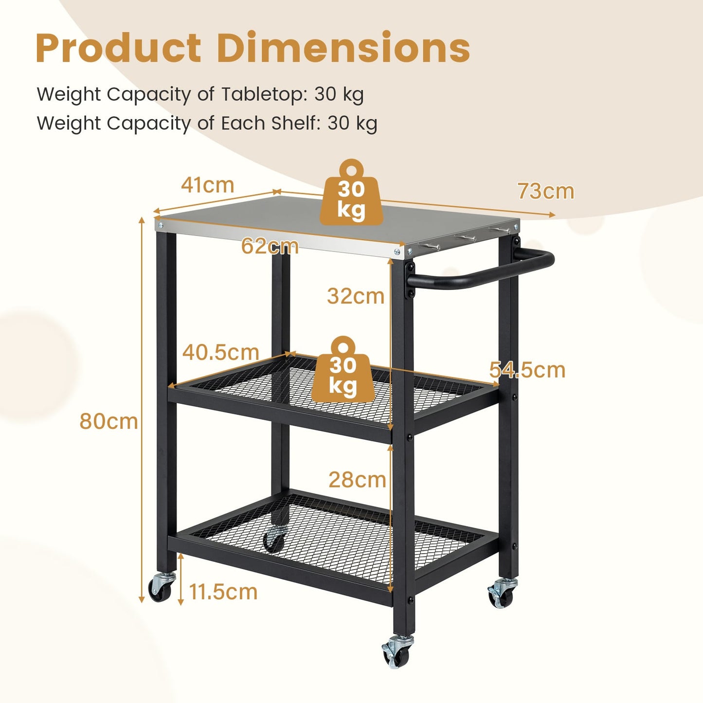 3-Tier Rolling Grill Cart with Stainless Top and Hanging Posts for Kitchen-Black