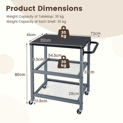 3-Tier Rolling Grill Cart with Stainless Top and Hanging Posts for Kitchen-Silver