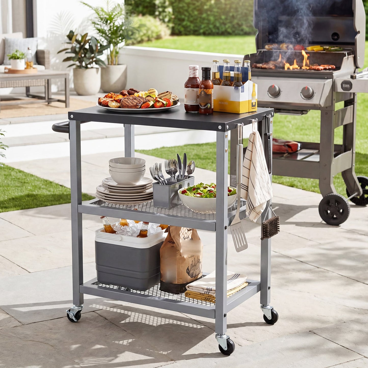 3-Tier Rolling Grill Cart with Stainless Top and Hanging Posts for Kitchen-Silver