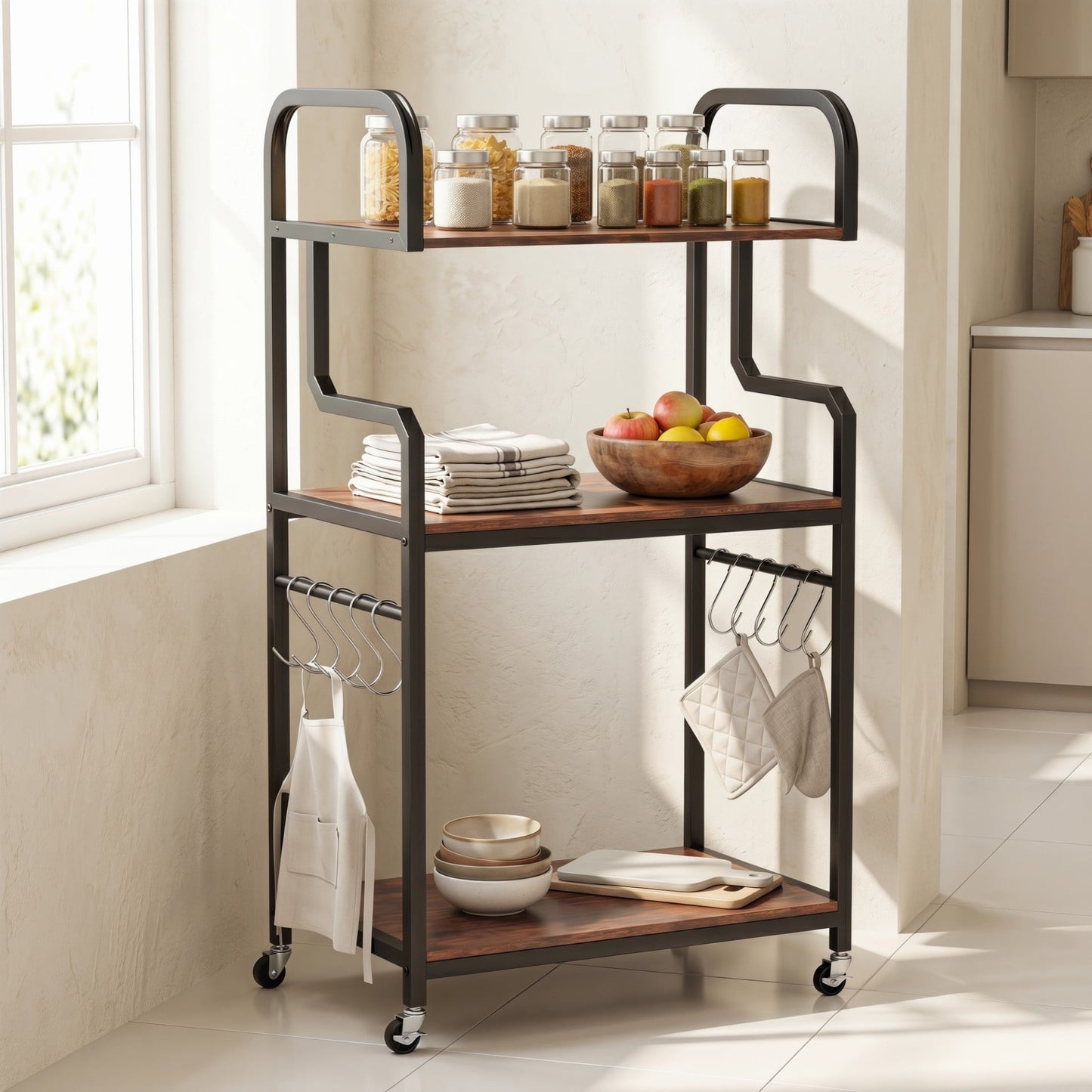 3-Tier Rolling Printer Stand with Storage Shelves and Hooks-Rustic Brown