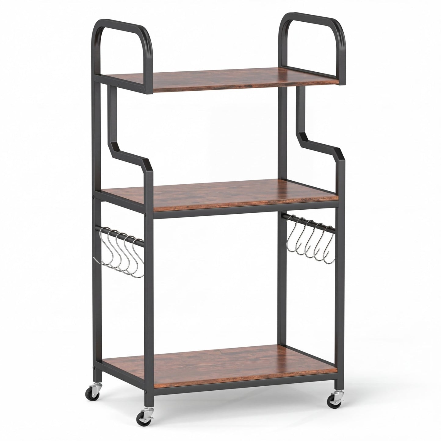 3-Tier Rolling Printer Stand with Storage Shelves and Hooks-Rustic Brown