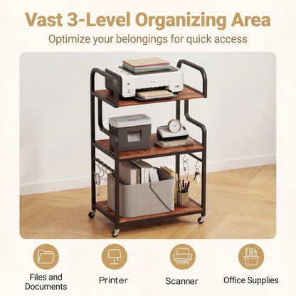 3-Tier Rolling Printer Stand with Storage Shelves and Hooks-Rustic Brown