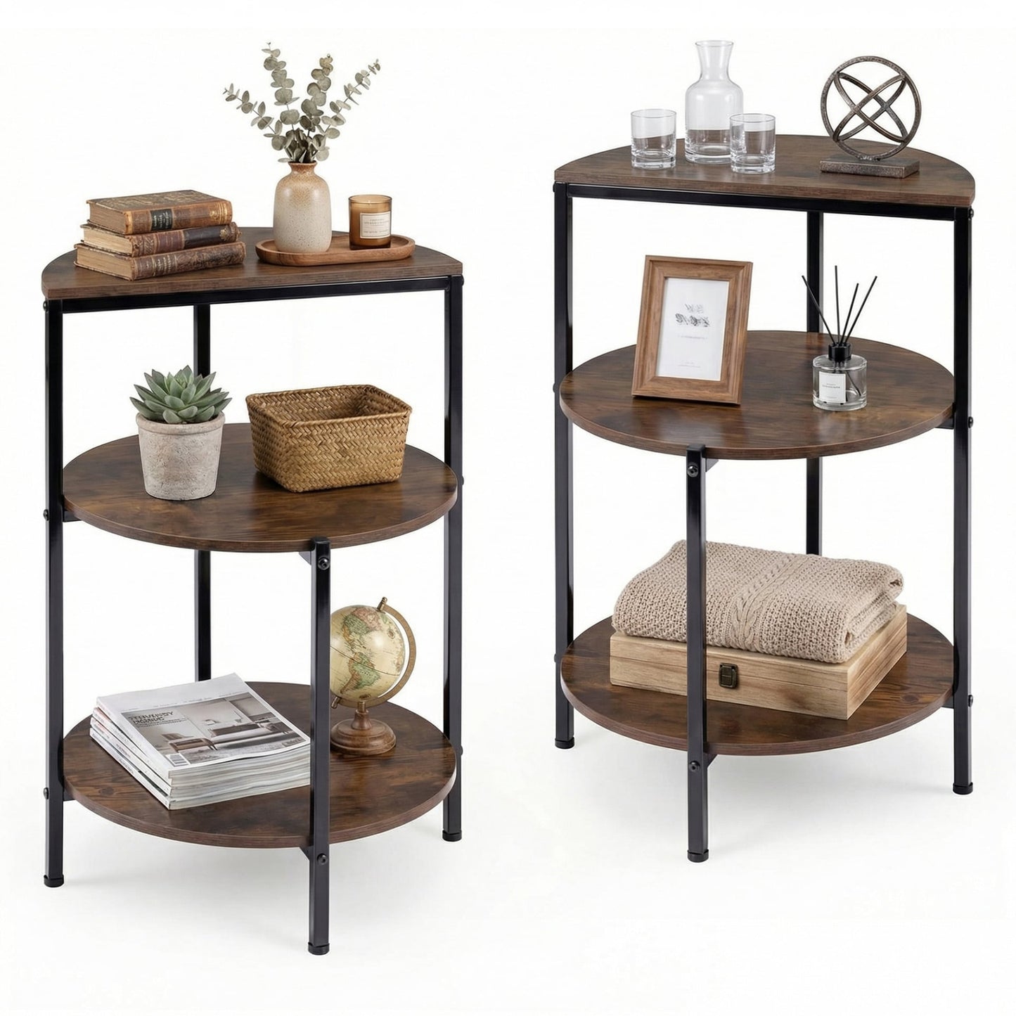 3-Tier Round Side Table Set of 2 with Storage Shelves and Metal Frame for Small Spaces-Rustic Brown