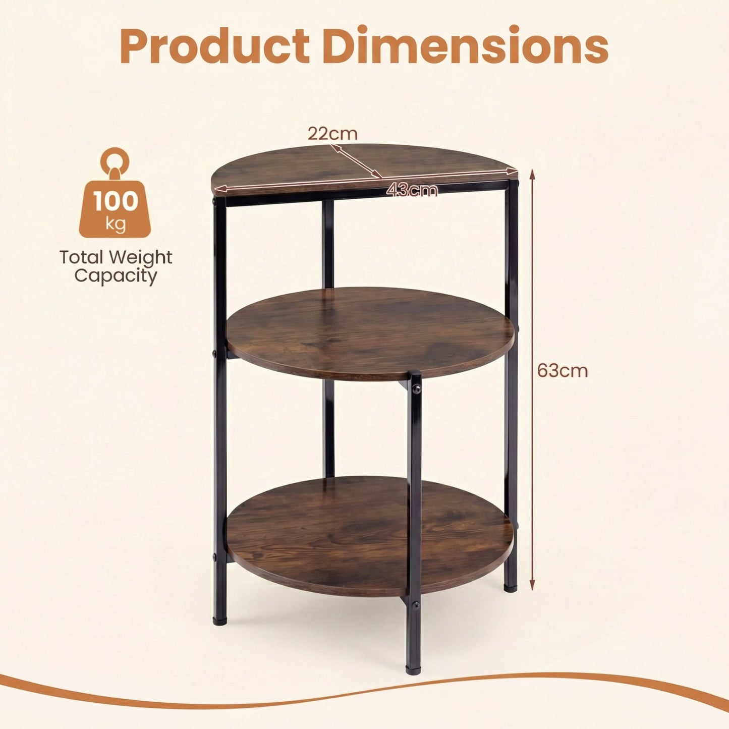3-Tier Round Side Table Set of 2 with Storage Shelves and Metal Frame for Small Spaces-Rustic Brown
