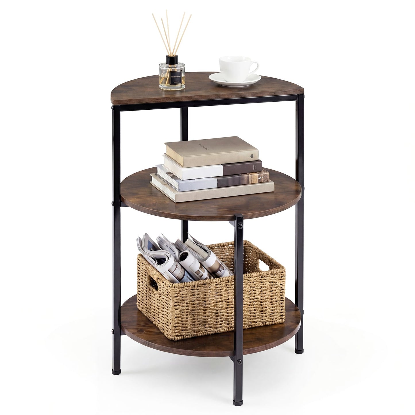 3-Tier Round Side Table with Storage Shelves and Metal Frame for Small Spaces-Rustic Brown