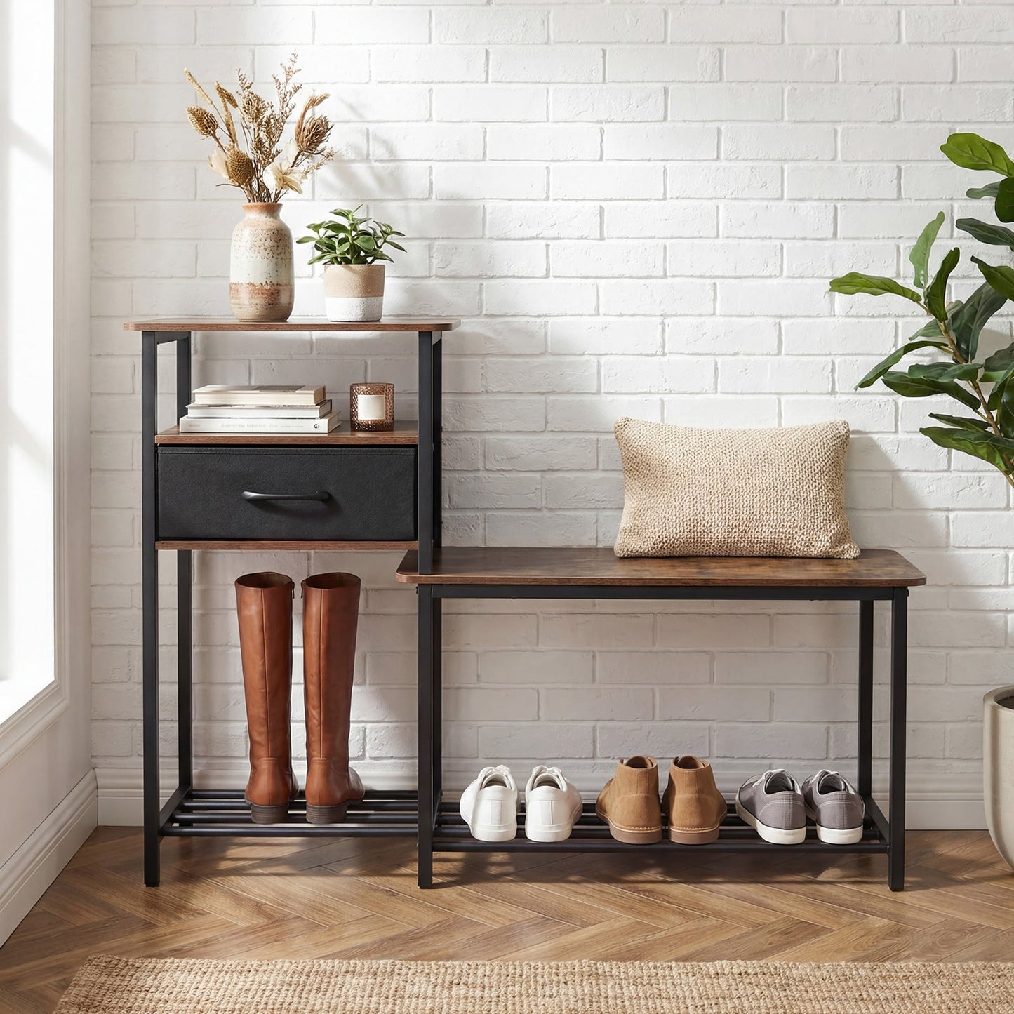 3-Tier Shoe Rack Bench Industrial Shoe Storage Bench with Drawer and Metal Frame for Living Room Mudroom-Brown