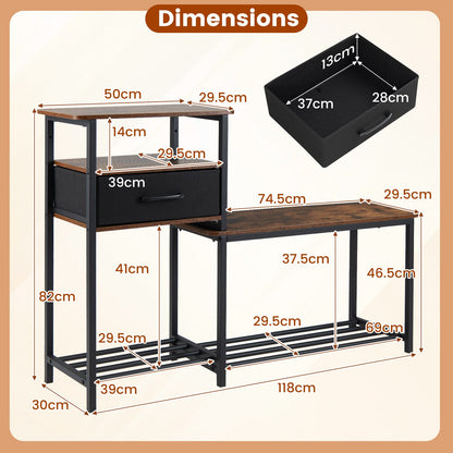 3-Tier Shoe Rack Bench Industrial Shoe Storage Bench with Drawer and Metal Frame for Living Room Mudroom-Brown