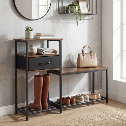 3-Tier Shoe Rack Bench Industrial Shoe Storage Bench with Drawer and Metal Frame for Living Room Mudroom-Brown